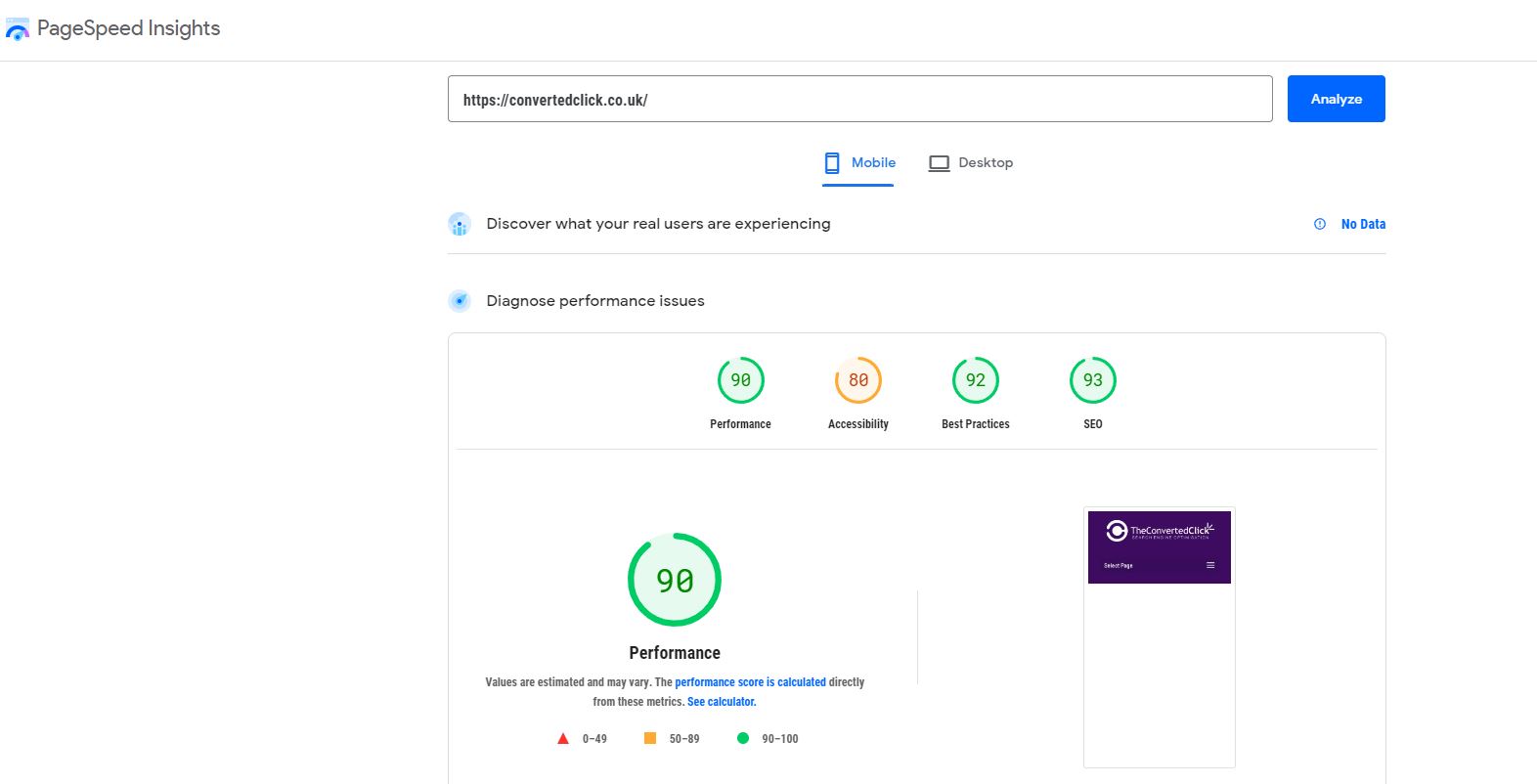 example of google page speed insights speed test results