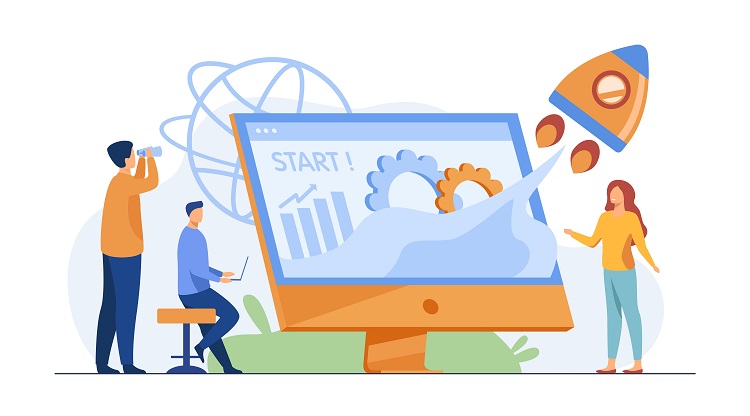 Team starting project Cartoon image of a team working together